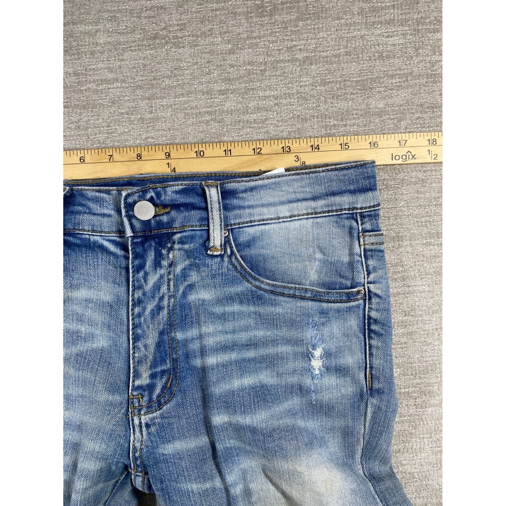 MNML M14 Stretch Denim Jeans Men 31 Light Blue Distressed Rhinestone Backing - Picture 7 of 8